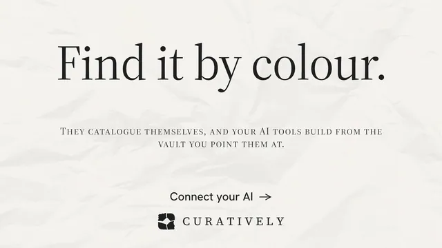 Landscape graphic for Curatively: "Find it by colour." Minimal luxury style, smallcaps layout, light palette in white.