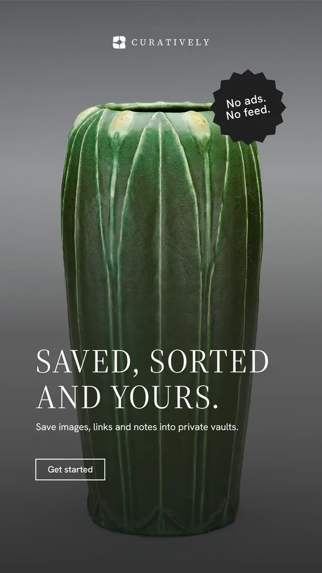 Instagram story for Curatively: "Saved, sorted and yours." Editorial style, sticker layout, dark palette in grey, black.