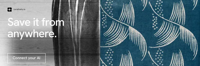 X header for Curatively: "Save it from anywhere." Editorial style, bottom layout, light palette in grey, blue, white.