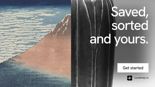 Landscape graphic for Curatively: "Saved, sorted and yours." Swiss style, right layout, light palette in grey, black, white.