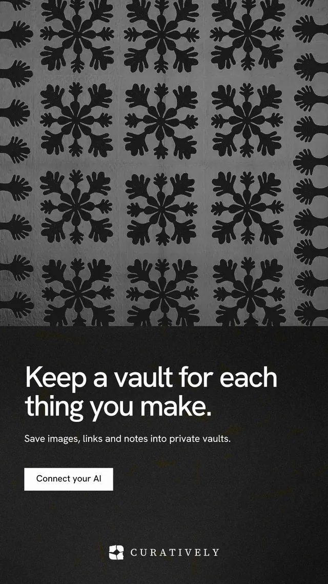 Instagram story for Curatively: "Keep a vault for each thing you make." Swiss style, bottom layout, dark palette in black, grey.