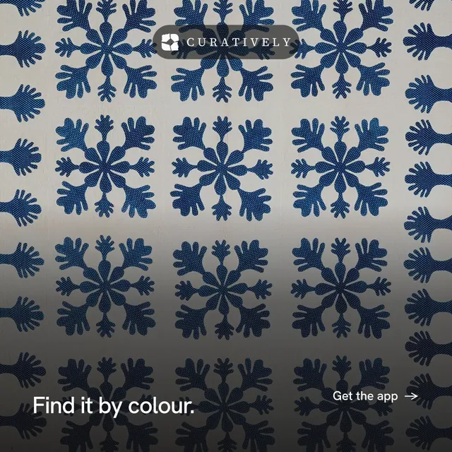 Instagram post for Curatively: "Find it by colour." Swiss style, image led layout, dark palette in grey, blue.