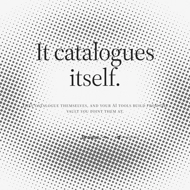 Instagram post for Curatively: "It catalogues itself." Split block style, smallcaps layout, light palette in white, grey.