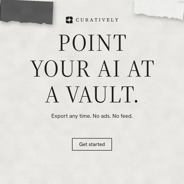 Instagram post for Curatively: "Point your AI at a vault." Editorial style, centred layout, light palette in white, grey.