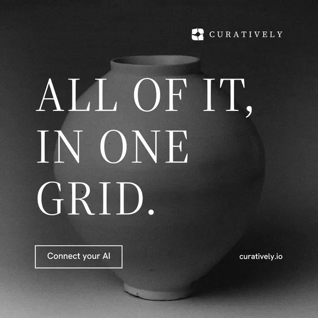Instagram post for Curatively: "All of it, in one grid." Editorial style, poster layout, dark palette in grey, black.