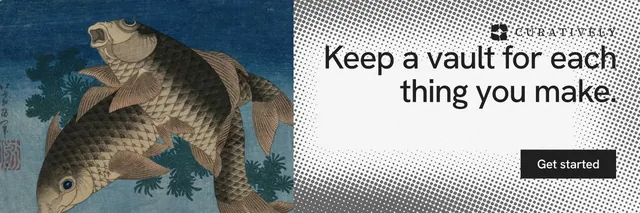 X header for Curatively: "Keep a vault for each thing you make." Swiss style, right layout, light palette in grey, blue, white.