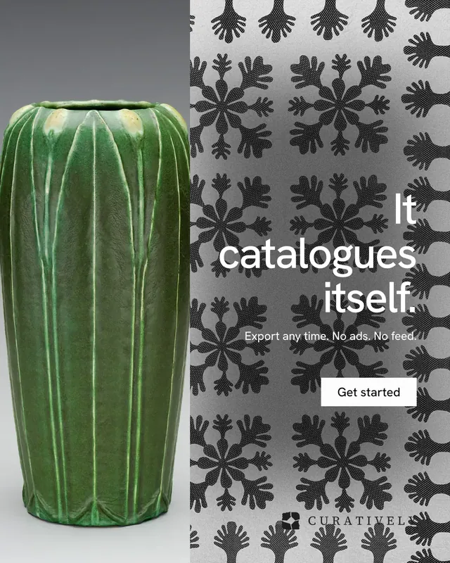 Instagram portrait post for Curatively: "It catalogues itself." Swiss style, right layout, light palette in grey, black.