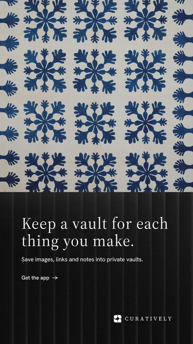Instagram story for Curatively: "Keep a vault for each thing you make." Minimal luxury style, bottom layout, dark palette in grey, black, blue.