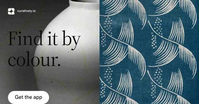 Social ad for Curatively: "Find it by colour." Photo poster style, bottom layout, dark palette in grey, blue.