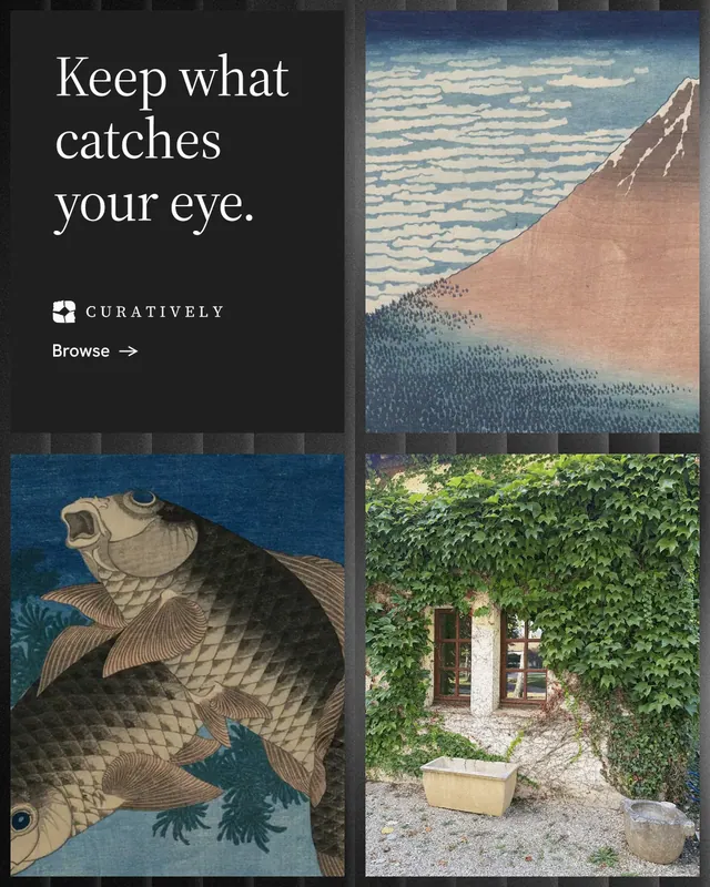 Instagram portrait post for Curatively: "Keep what catches your eye." Minimal luxury style, collage layout, dark palette in black, grey.