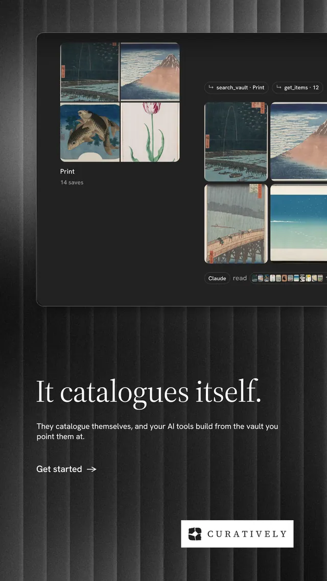 Instagram story for Curatively: "It catalogues itself." Minimal luxury style, bottom layout, dark palette in black, grey.