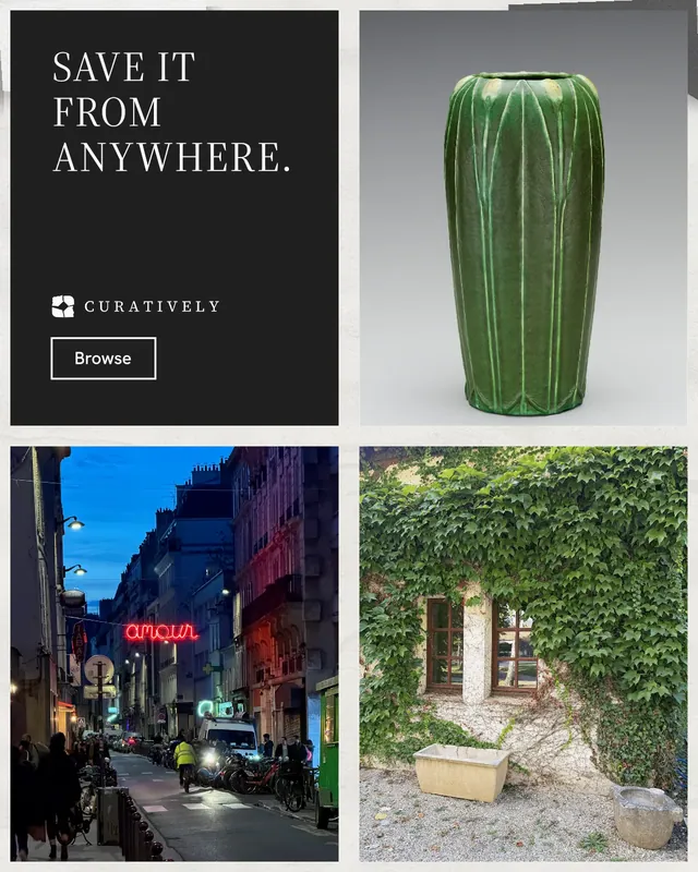 Instagram portrait post for Curatively: "Save it from anywhere." Editorial style, collage layout, dark palette in black, grey, white.