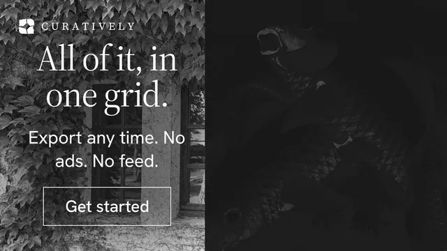 Landscape graphic for Curatively: "All of it, in one grid." Editorial style, skeleton layout, dark palette in black, grey.