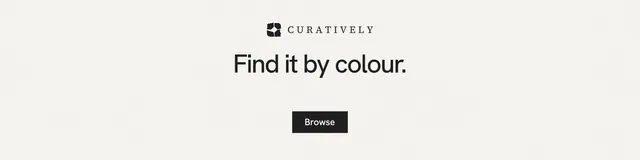 LinkedIn banner for Curatively: "Find it by colour." Swiss style, centred layout, light palette in white.