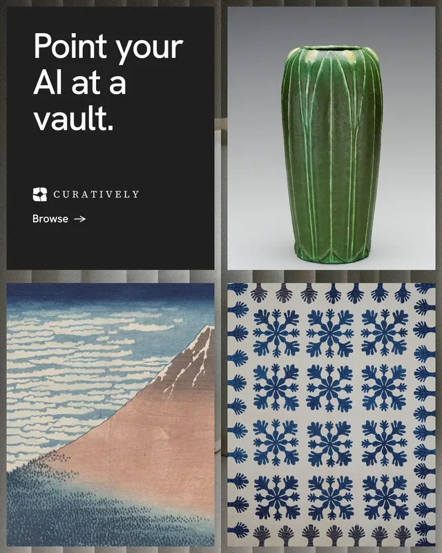 Instagram portrait post for Curatively: "Point your AI at a vault." Minimal luxury style, collage layout, light palette in grey, black.