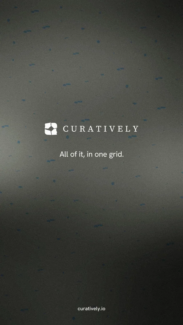 Instagram story for Curatively: "All of it, in one grid." Swiss style, end card layout, dark palette in grey, black.