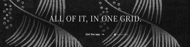 LinkedIn banner for Curatively: "All of it, in one grid." Minimal luxury style, centred layout, dark palette in grey, black.