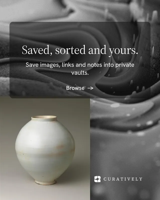 Instagram portrait post for Curatively: "Saved, sorted and yours." Minimal luxury style, skeleton layout, dark palette in grey, black.