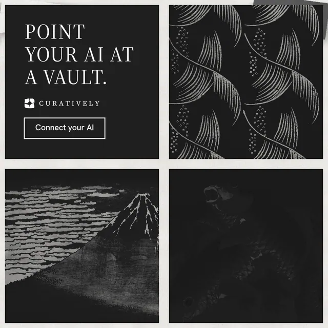 Instagram post for Curatively: "Point your AI at a vault." Editorial style, collage layout, dark palette in black, grey.