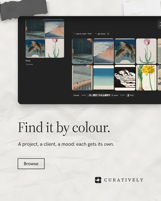 Instagram portrait post for Curatively: "Find it by colour." Editorial style, bottom layout, light palette in black, white, grey.