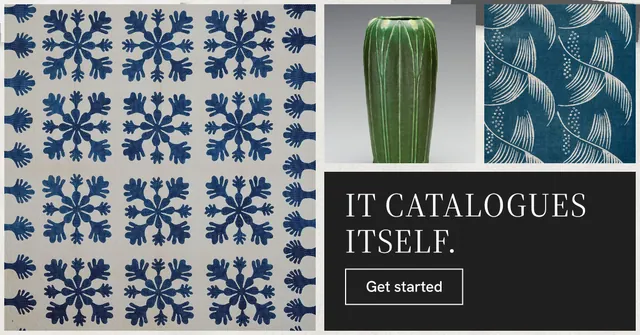 Social ad for Curatively: "It catalogues itself." Editorial style, collage layout, light palette in grey, black.