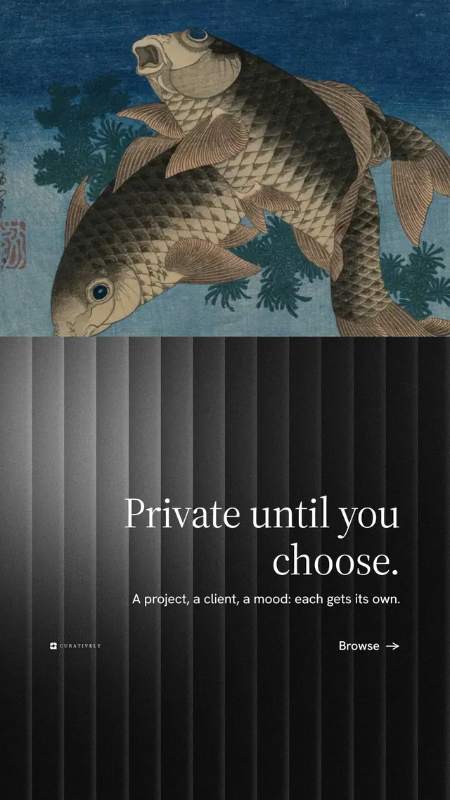 Instagram story for Curatively: "Private until you choose." Minimal luxury style, right layout, dark palette in grey, black.