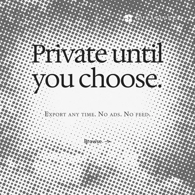Instagram post for Curatively: "Private until you choose." Swiss style, smallcaps layout, light palette in grey, white.