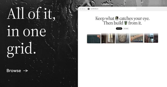 Social ad for Curatively: "All of it, in one grid." Minimal luxury style, browser layout, light palette in white, black, grey.