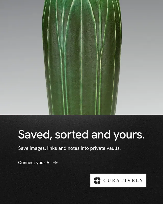 Instagram portrait post for Curatively: "Saved, sorted and yours." Minimal luxury style, bottom layout, dark palette in grey, black, green.