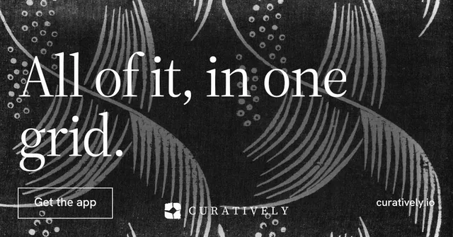 Social ad for Curatively: "All of it, in one grid." Editorial style, poster layout, dark palette in black, grey.