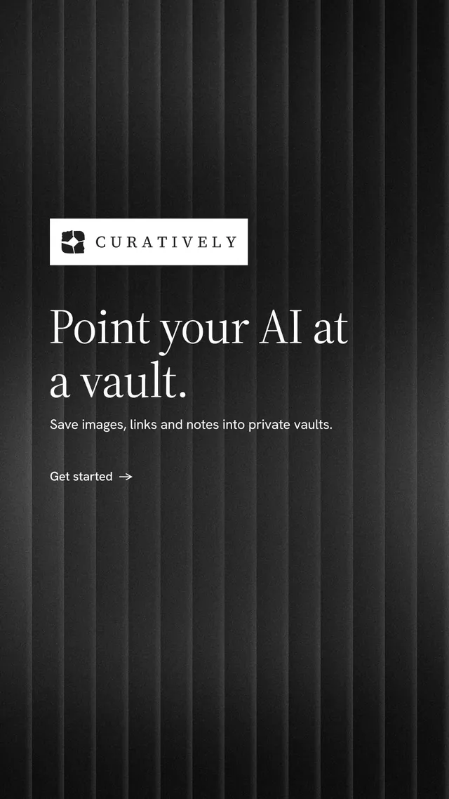 Instagram story for Curatively: "Point your AI at a vault." Minimal luxury style, announce layout, dark palette in black, grey.