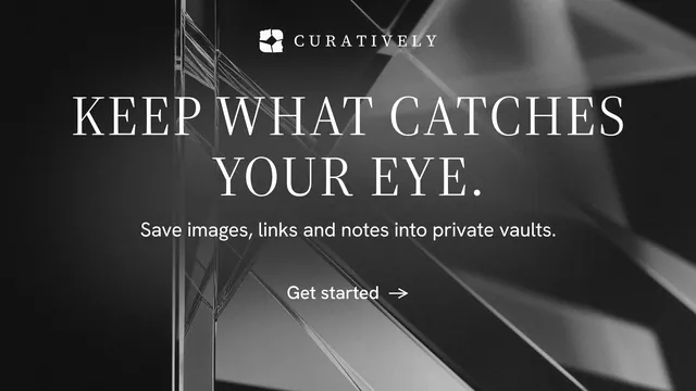 Landscape graphic for Curatively: "Keep what catches your eye." Minimal luxury style, centred layout, dark palette in black, grey.