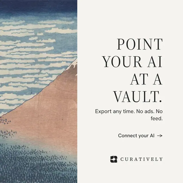 Instagram post for Curatively: "Point your AI at a vault." Minimal luxury style, right layout, light palette in white, grey.