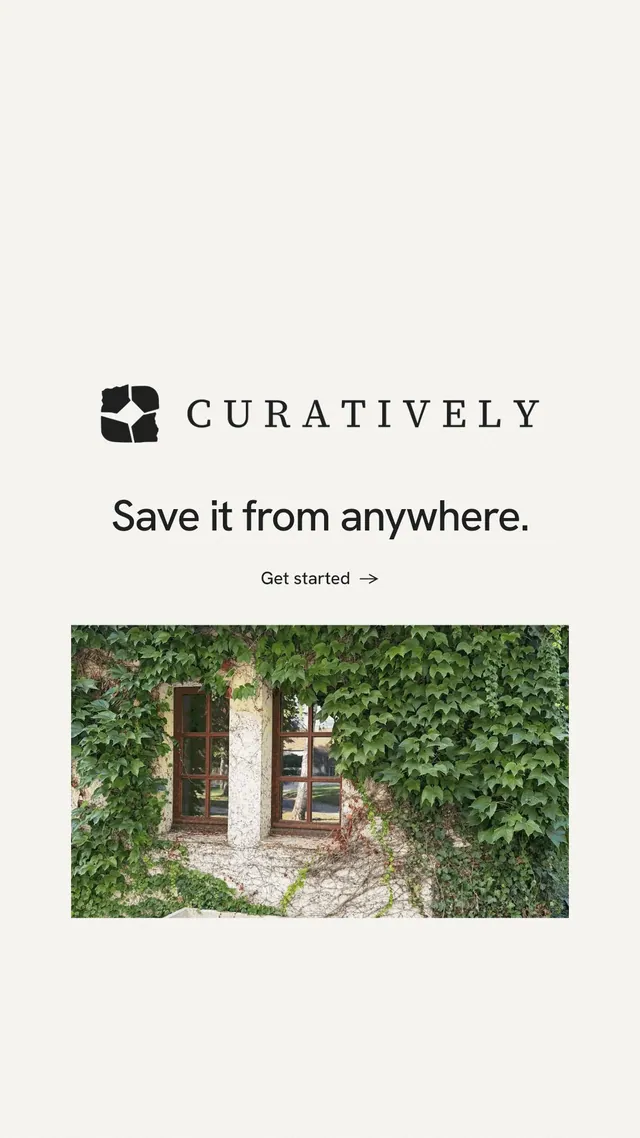 Instagram story for Curatively: "Save it from anywhere." Minimal luxury style, logo hero layout, light palette in white, grey.