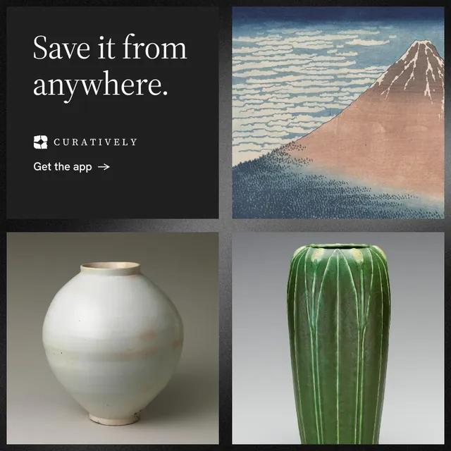 Instagram post for Curatively: "Save it from anywhere." Minimal luxury style, collage layout, dark palette in black, grey.