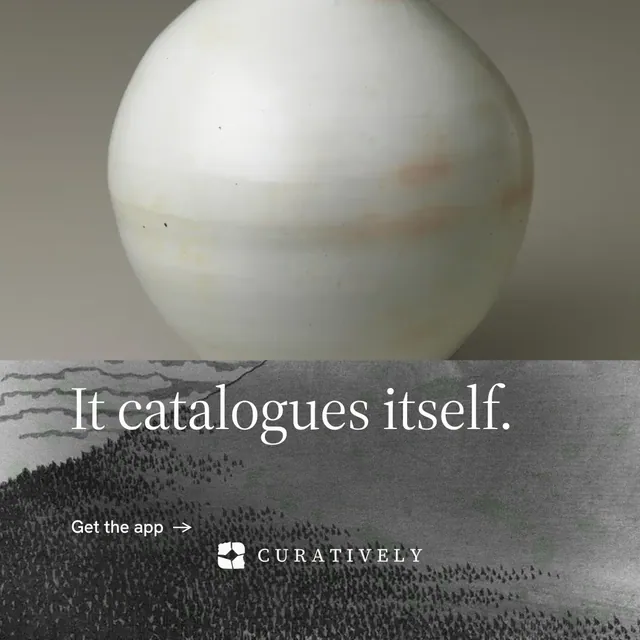 Instagram post for Curatively: "It catalogues itself." Minimal luxury style, bottom layout, light palette in grey, white.