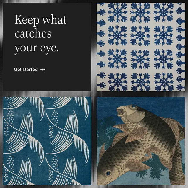 Instagram post for Curatively: "Keep what catches your eye." Minimal luxury style, collage layout, dark palette in black, blue, grey.