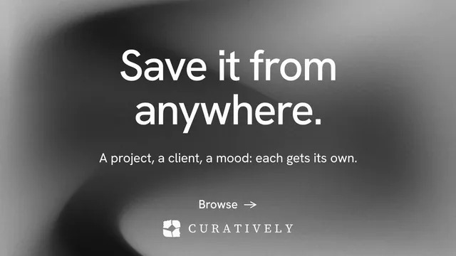 Landscape graphic for Curatively: "Save it from anywhere." Minimal luxury style, centred layout, dark palette in grey, black.