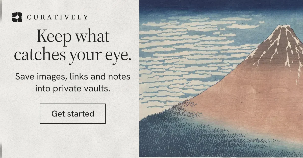 Social ad for Curatively: "Keep what catches your eye." Editorial style, skeleton layout, light palette in white, grey, orange.