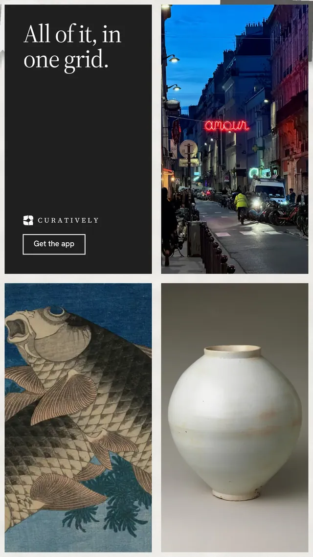 Instagram story for Curatively: "All of it, in one grid." Editorial style, collage layout, dark palette in grey, black, blue.