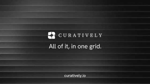 Landscape graphic for Curatively: "All of it, in one grid." Minimal luxury style, end card layout, dark palette in black, grey.