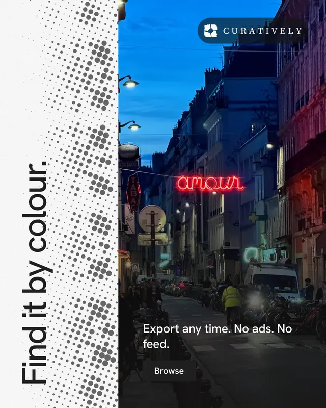 Instagram portrait post for Curatively: "Find it by colour." Swiss style, vertical layout, light palette in white, blue, black.