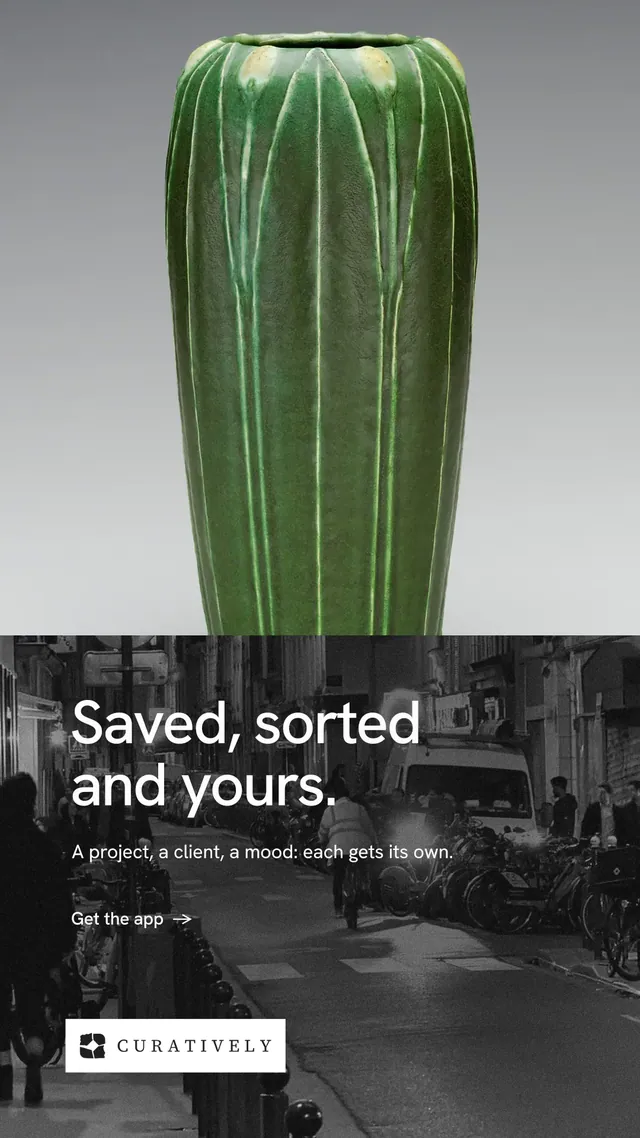 Instagram story for Curatively: "Saved, sorted and yours." Minimal luxury style, bottom layout, dark palette in grey, black, white.