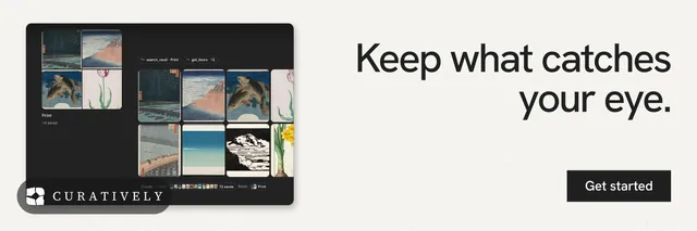 X header for Curatively: "Keep what catches your eye." Swiss style, right layout, light palette in white, black, grey.