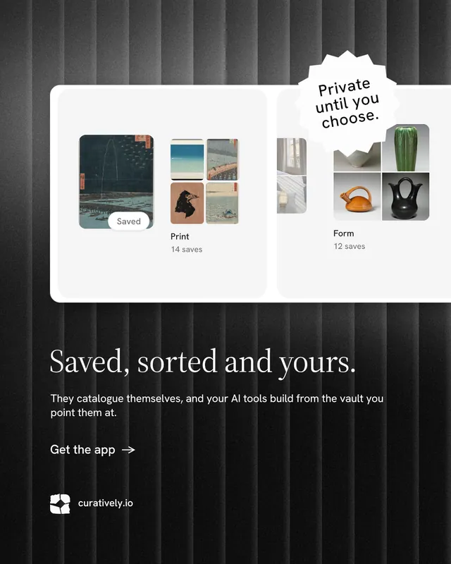 Instagram portrait post for Curatively: "Saved, sorted and yours." Minimal luxury style, sticker layout, dark palette in black, white, grey.