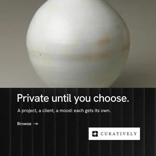 Instagram post for Curatively: "Private until you choose." Minimal luxury style, bottom layout, dark palette in black, grey, white.
