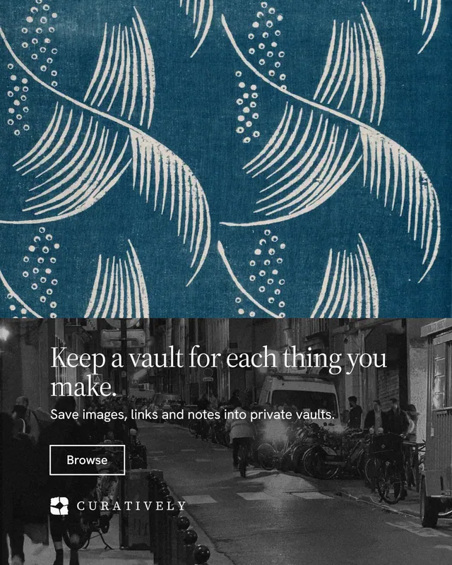 Instagram portrait post for Curatively: "Keep a vault for each thing you make." Editorial style, bottom layout, dark palette in blue, black, grey.