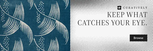 X header for Curatively: "Keep what catches your eye." Split block style, right layout, light palette in blue, grey, white.