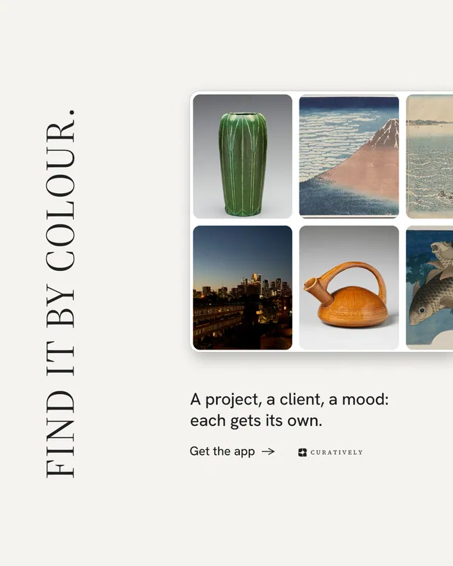 Instagram portrait post for Curatively: "Find it by colour." Minimal luxury style, vertical layout, light palette in white, grey.
