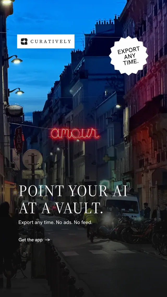 Instagram story for Curatively: "Point your AI at a vault." Minimal luxury style, sticker layout, dark palette in black, blue, pink.